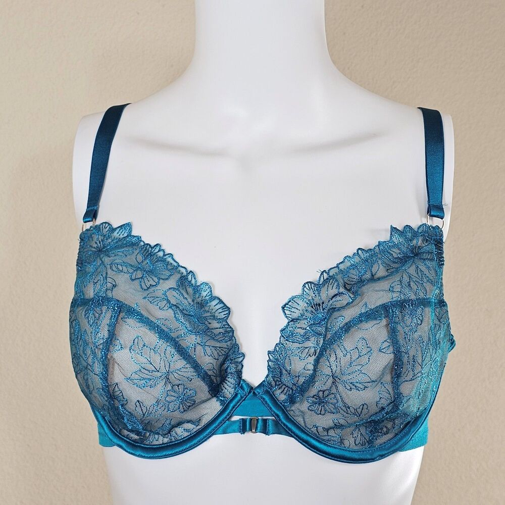 Playful Promises Marsha Teal Floral Embroidery And Rings Plunge Bra Size 36D